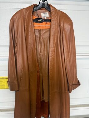 Maxima Cognac Brown Leather Trench Coat with matching Skirt. Size 12 Skirt